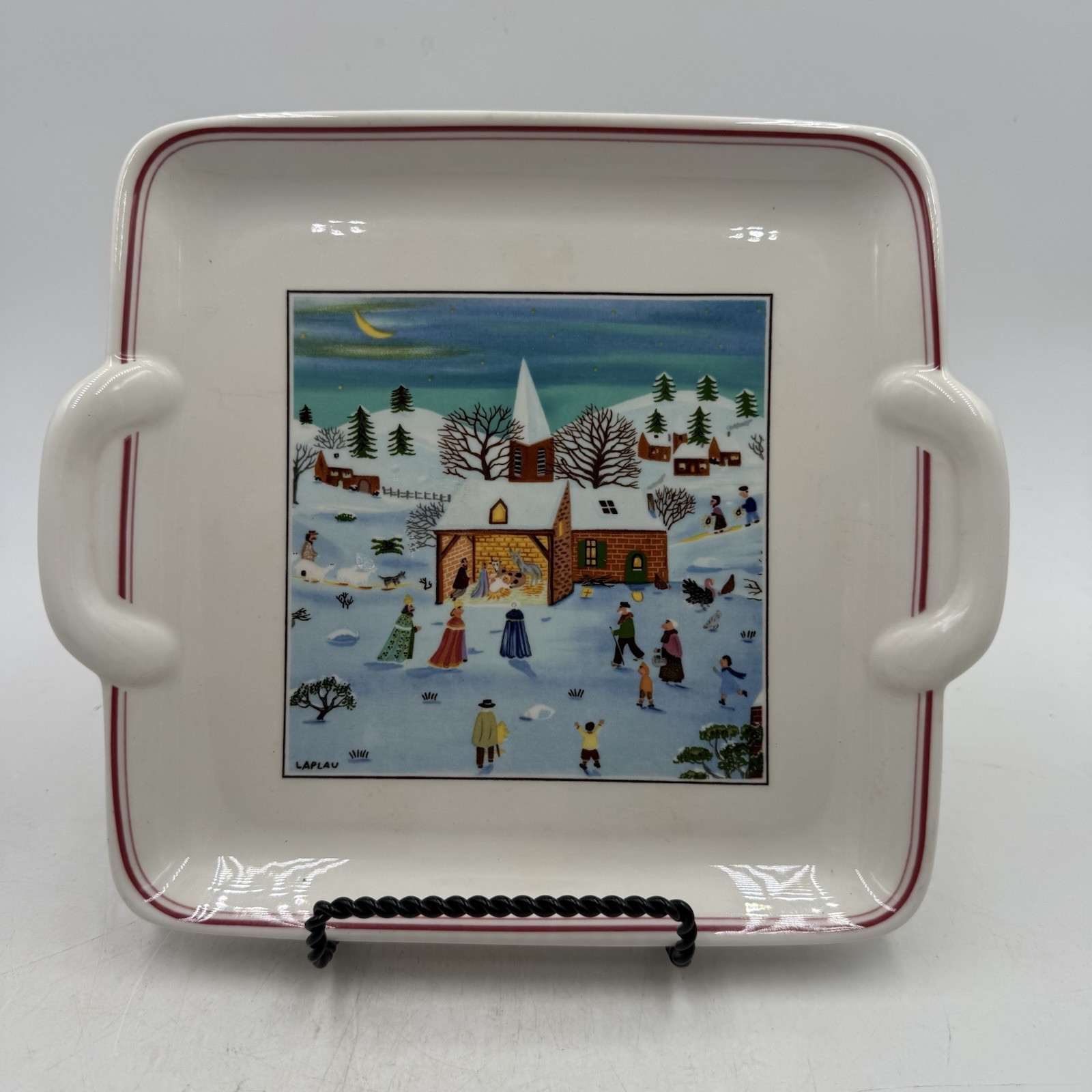 Villeroy & Boch Naif Christmas Square Handled Cake Plate Porcelain Snow Village