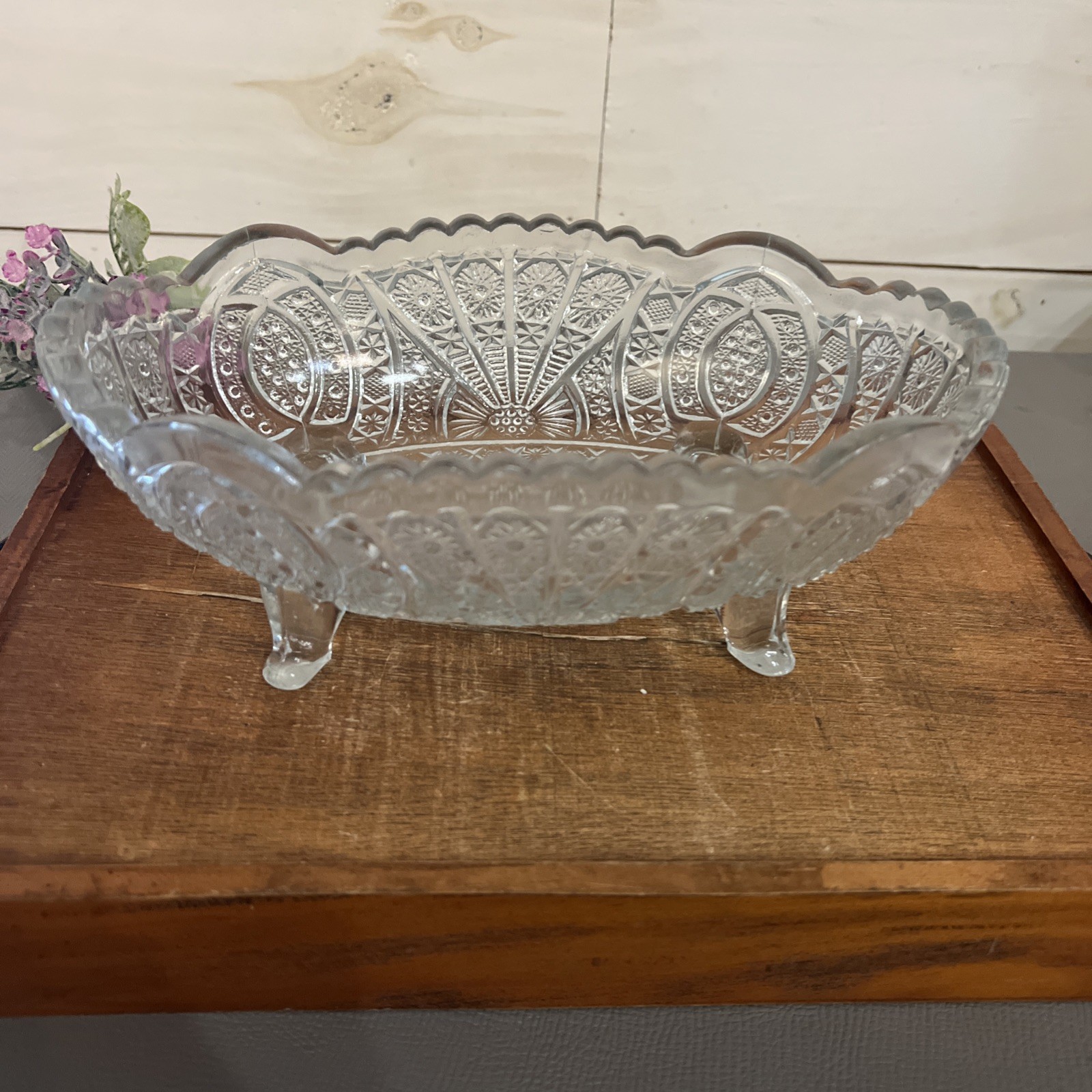 Indiana Glass Co. Rocket #155 EAPG Clear Oval Footed Bowl EAPG 1910 Diamond Cut