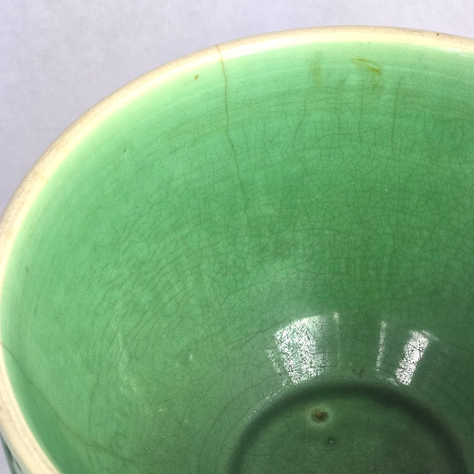 Antique McCoy Yellow Ware Pottery Green Checkerboard Mixing Bowl Med 7.75″
