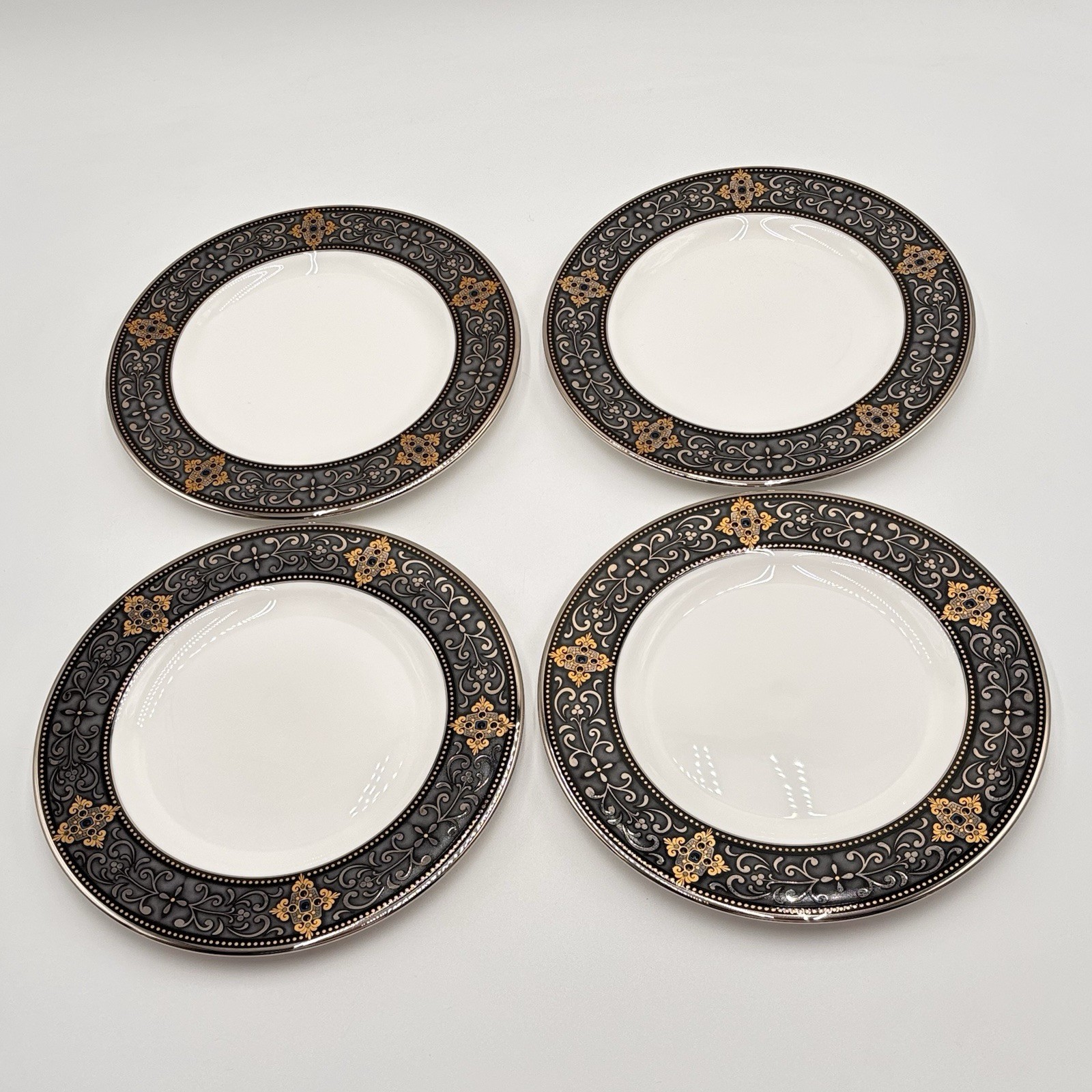 Lenox Vintage Jewel Gold Platinum Ornate Black Border Salad Plates 8 1/8” Set 4