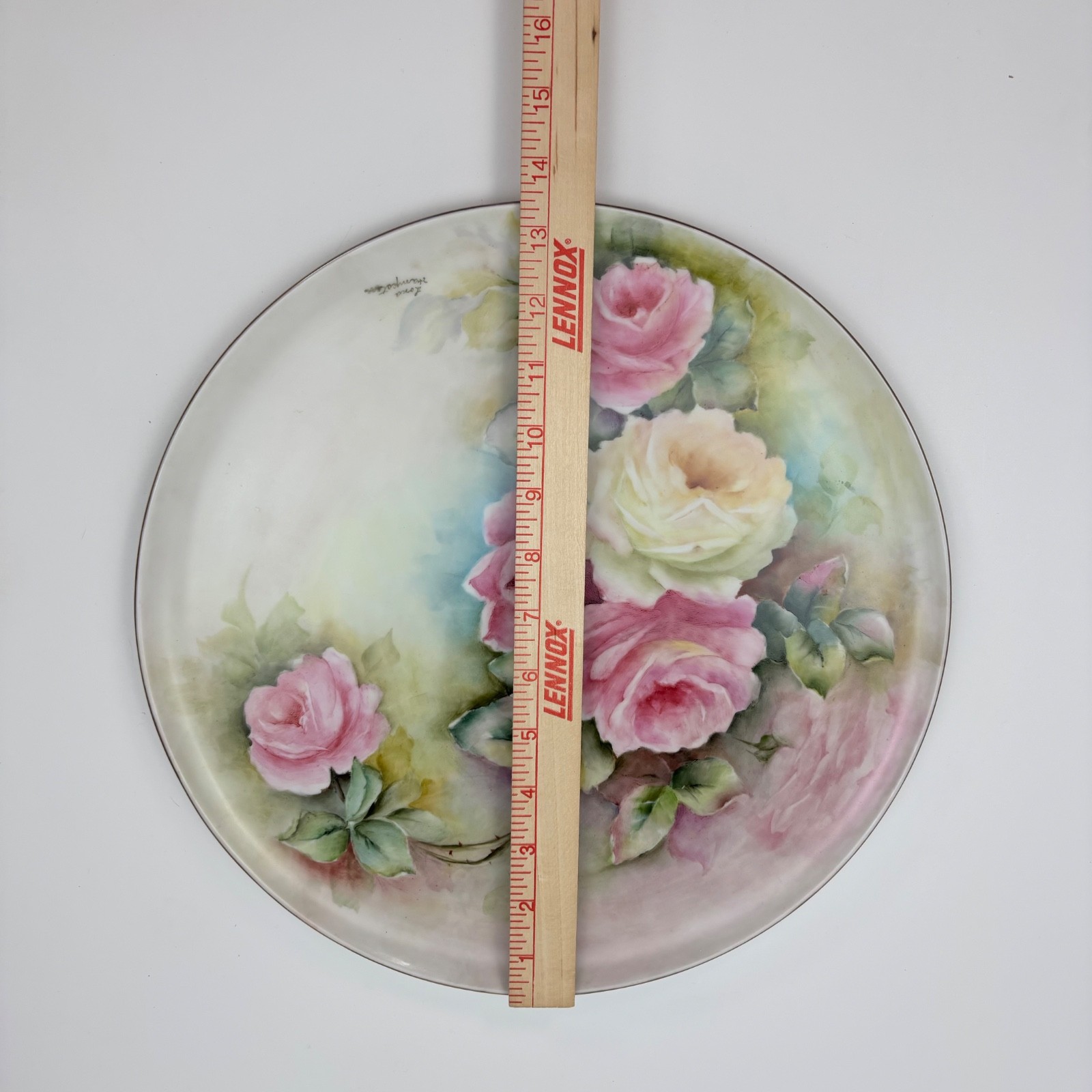 Vintage Tirschenreuth Germany Porcelain Roses Gold Rim Charger Plate 13.5″
