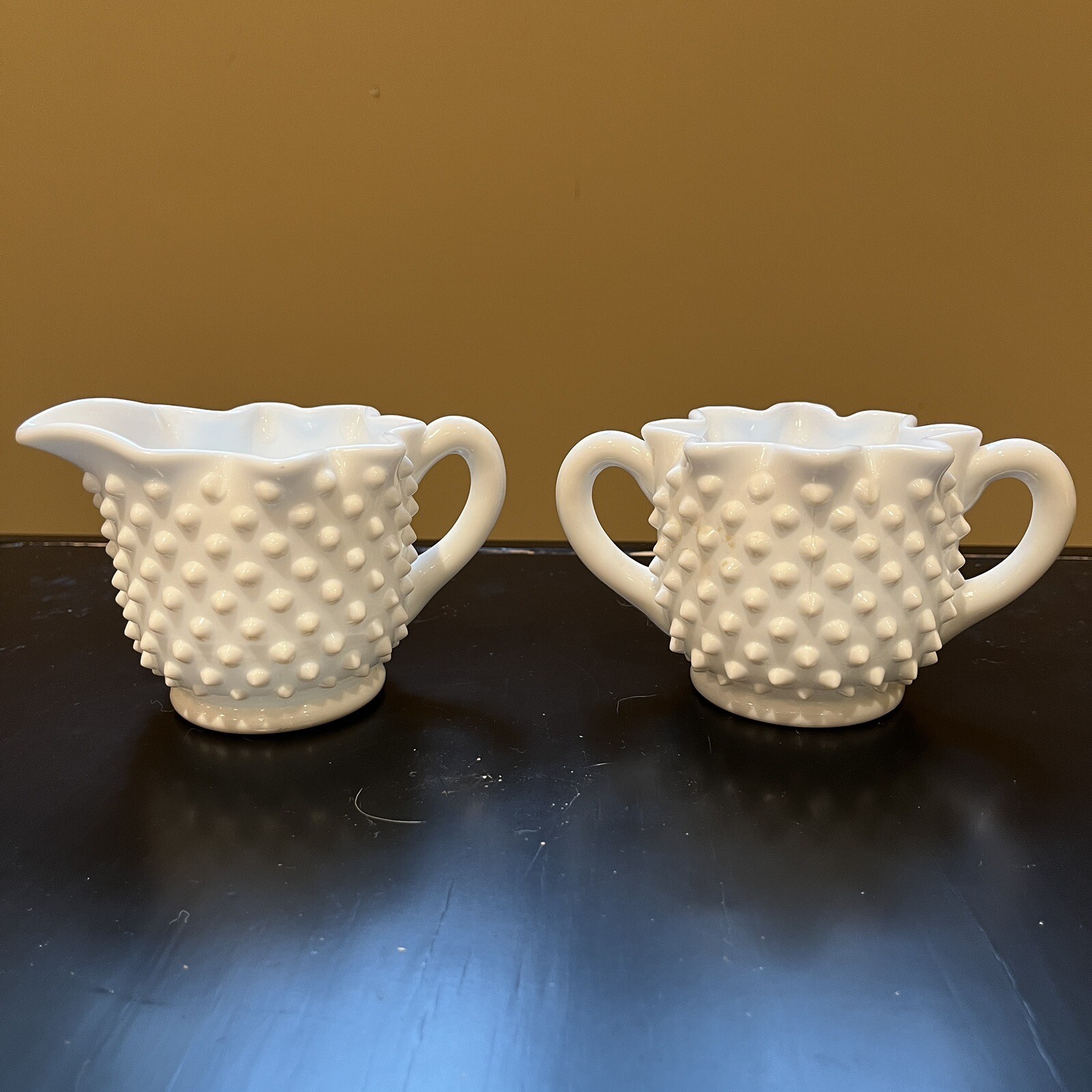 Vintage Fenton Hobnail White Milk Glass Star Sugar Bowl & Creamer #3906 Lovely