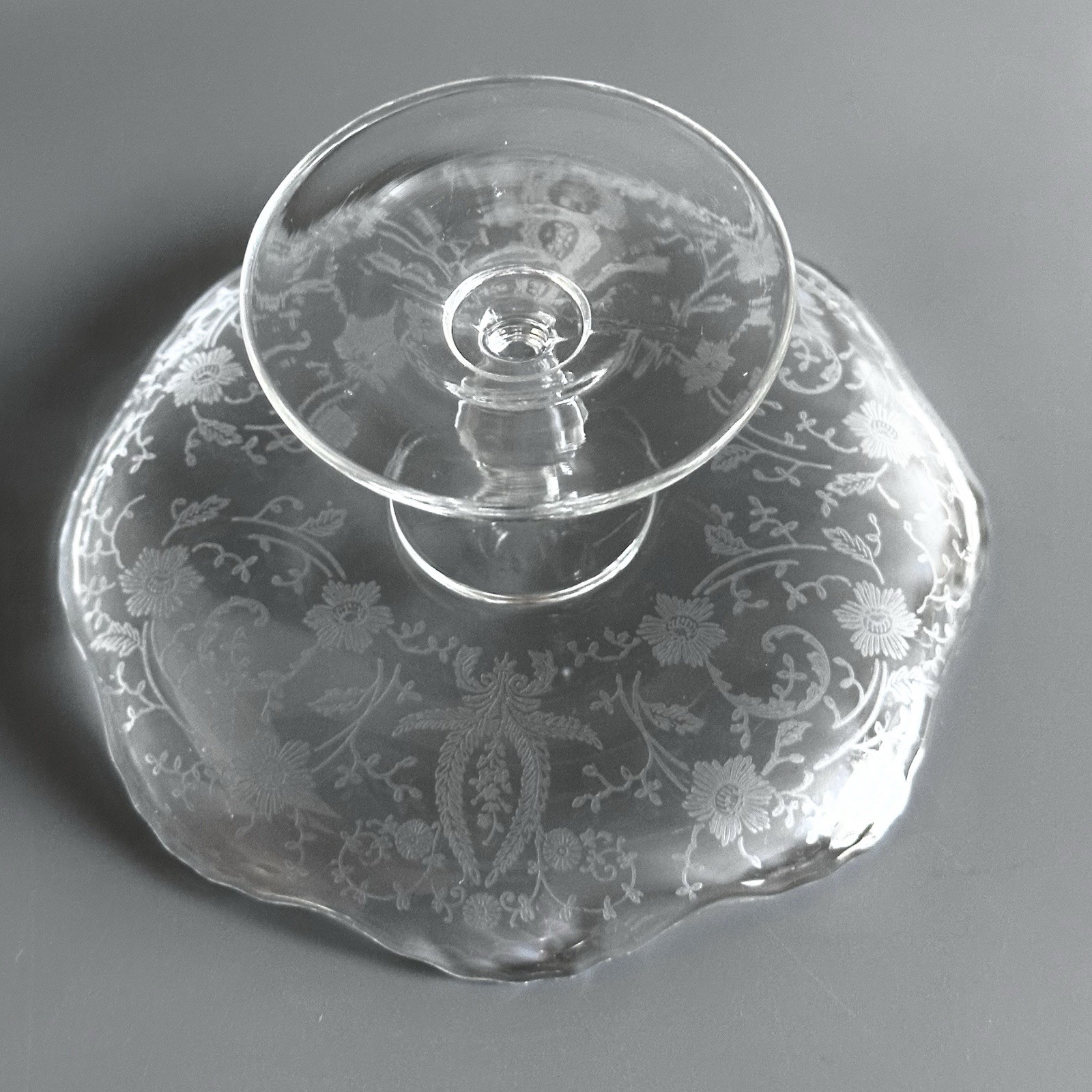 Vintage Etched Clear Glass Small Pedestal Cheese Plate Dessert Footed