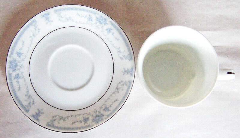 Sheffield “BLUE WHISPER” FOOTED CUP & SAUCER Blue Flowers & Scroll, Japan 1985