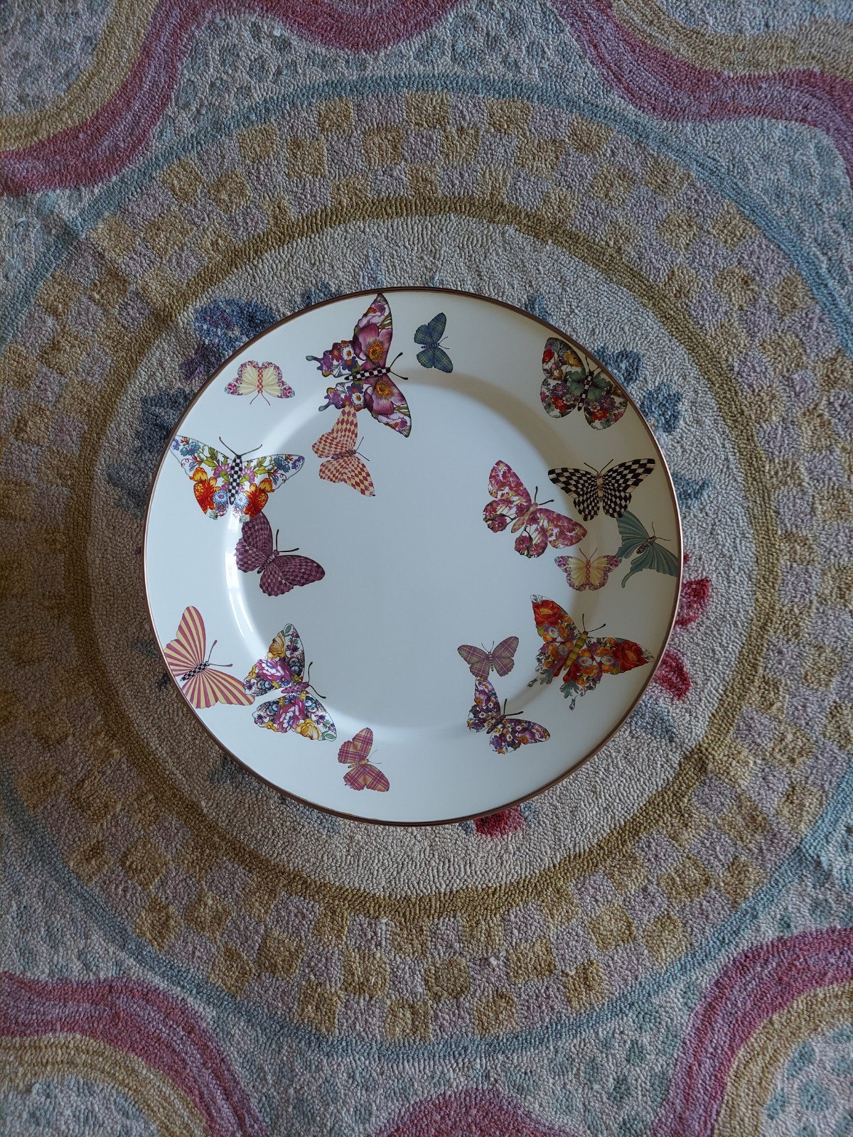 Mackenzie-Childs Butterfly Garden Pedestal Platter With Courtly Check