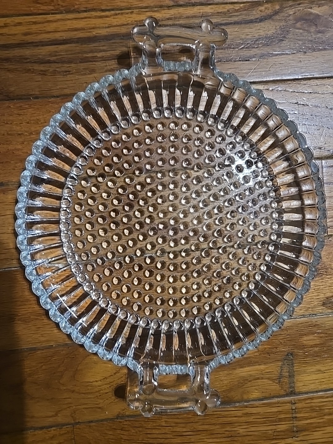 Hobnail Clear Glass Plate round with Handles, 10″ handle to handle. 8″ diameter