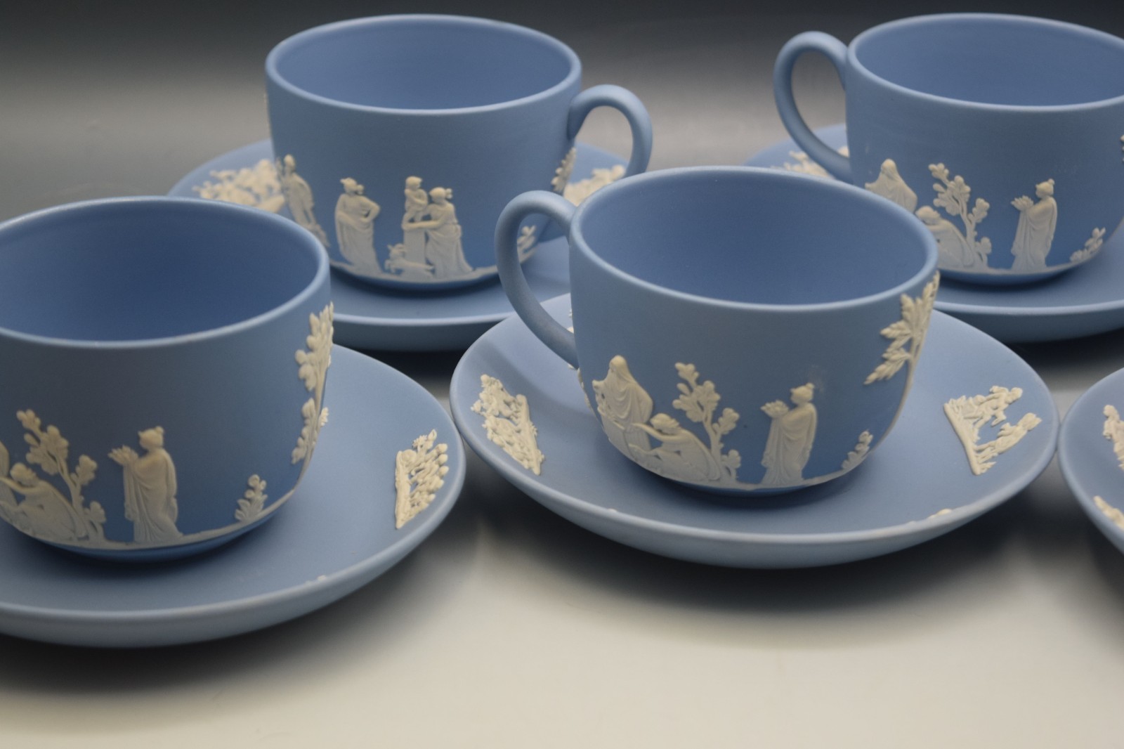 6 SETS WEDGWOOD BLUE JASPERWARE CUPS AND SAUCERS NEOCLASSICAL MYTHOLOGY