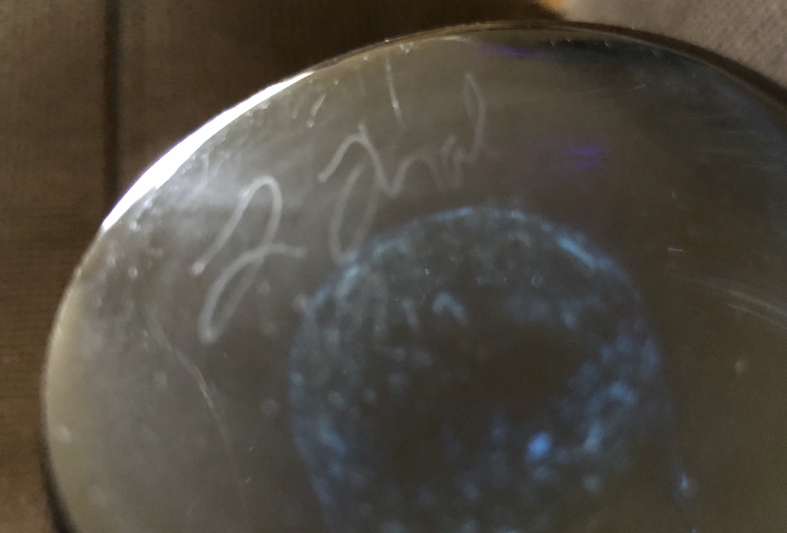 Laurie Thal studio art glass vase sculpture signed blue purple.