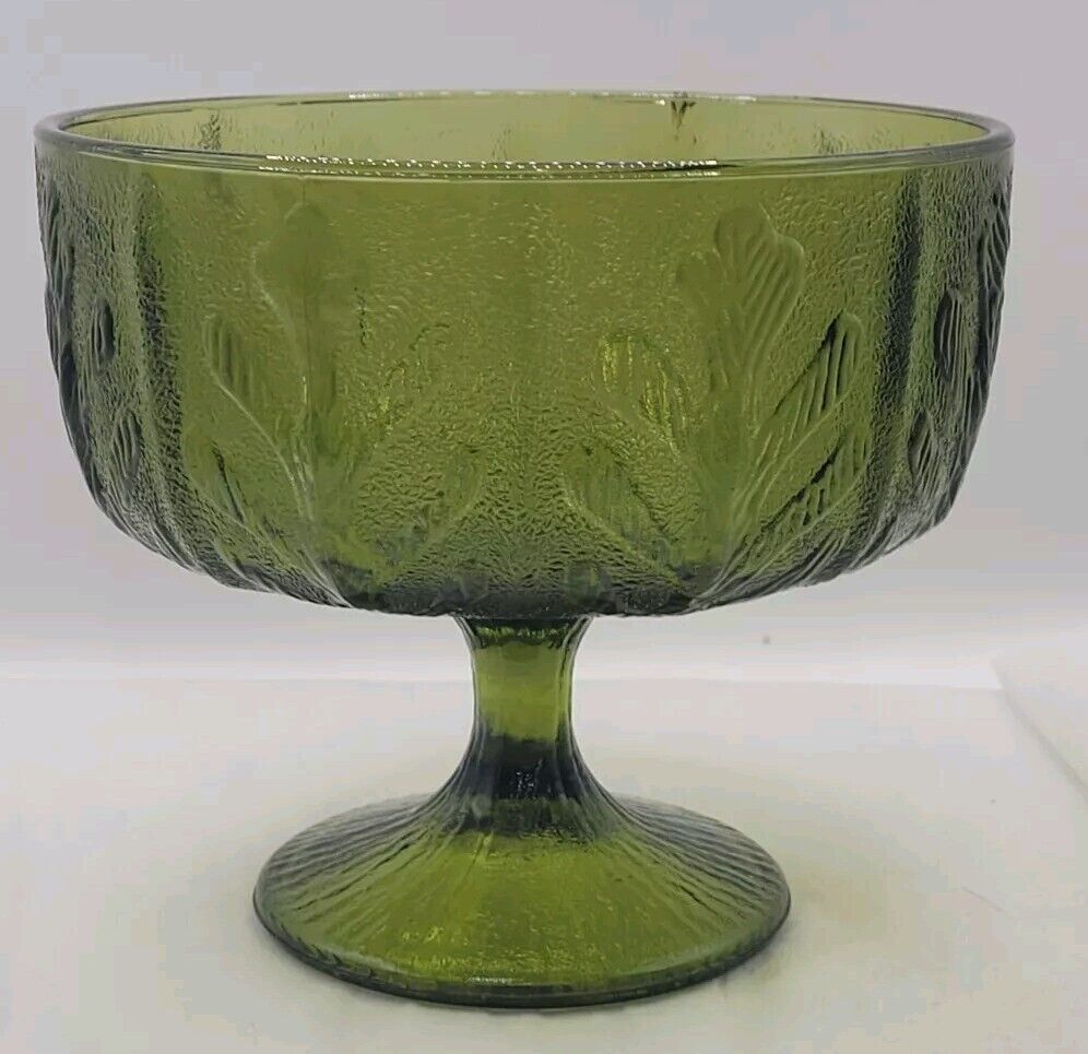Vintage FTD Avacado Green Glass Footed Dish Oak Leaf Pattern