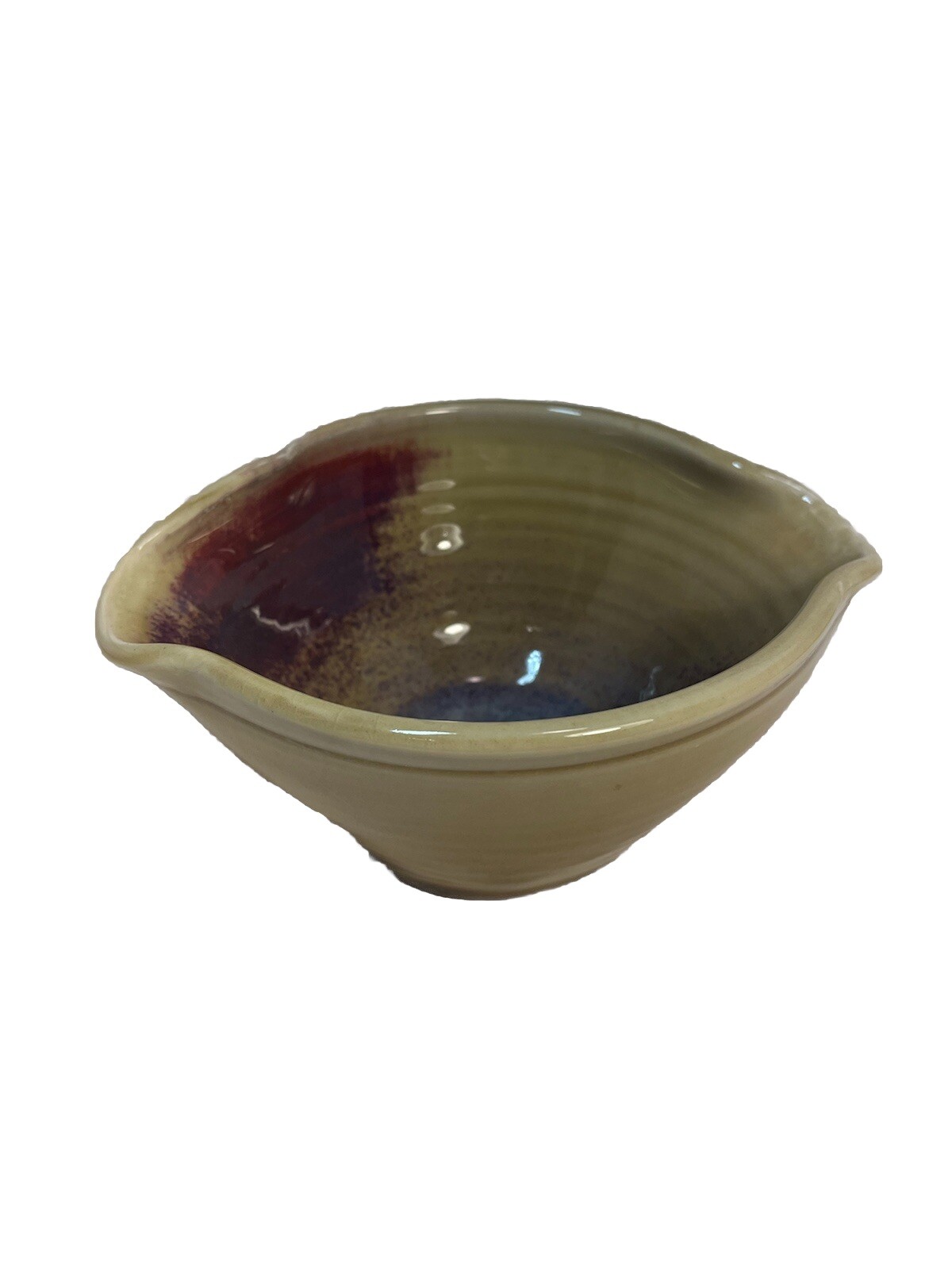 Handmade Asymmetrical Pottery Bowl Glaze Beige Red Signed 7.5 X 3.5 in.