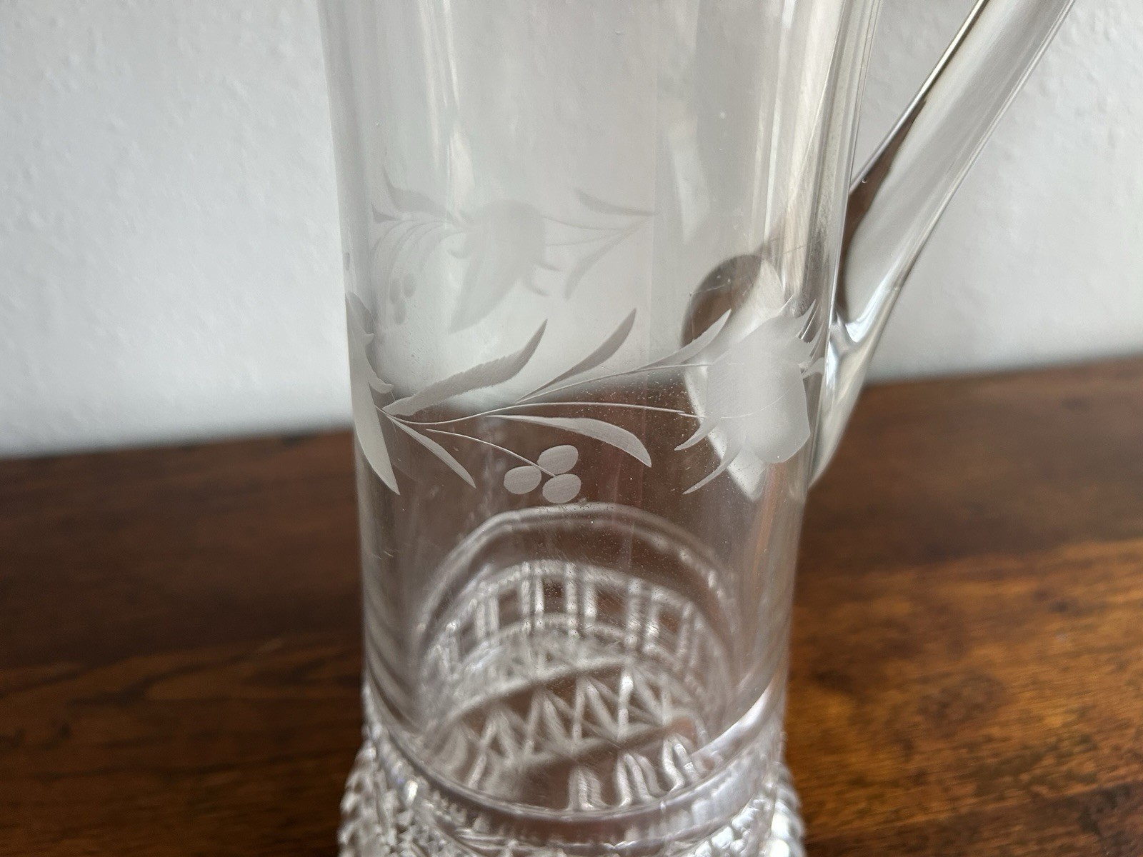Ring and Block Etched Gray Cut Antique Glass Pitcher Elegant Fine Dining