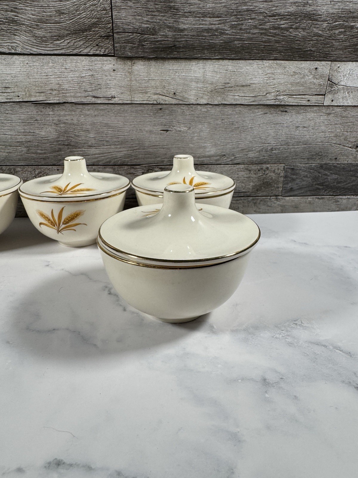 Taylor Smith Taylor Wheat Sugar Bowls Set of 4 Lidded Soup Bowls 1950s
