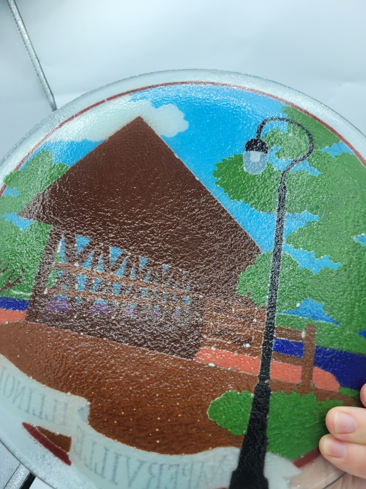 Peggy Karr Naperville Illinois Covered Bridge Fused Art Glass Plate Signed 11″