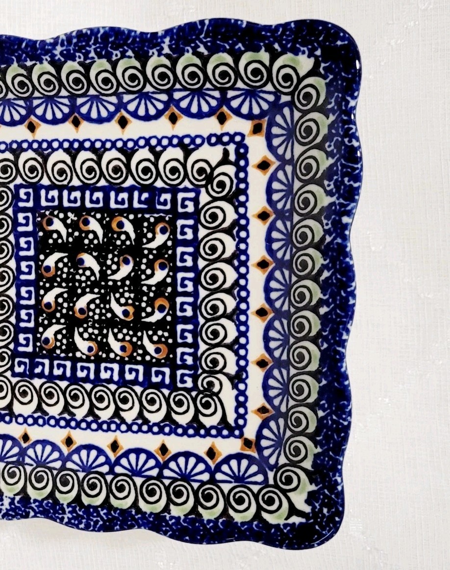 VTG Unikat Polish Pottery Square Platter Handmade/Painted Blue & Green Patterns