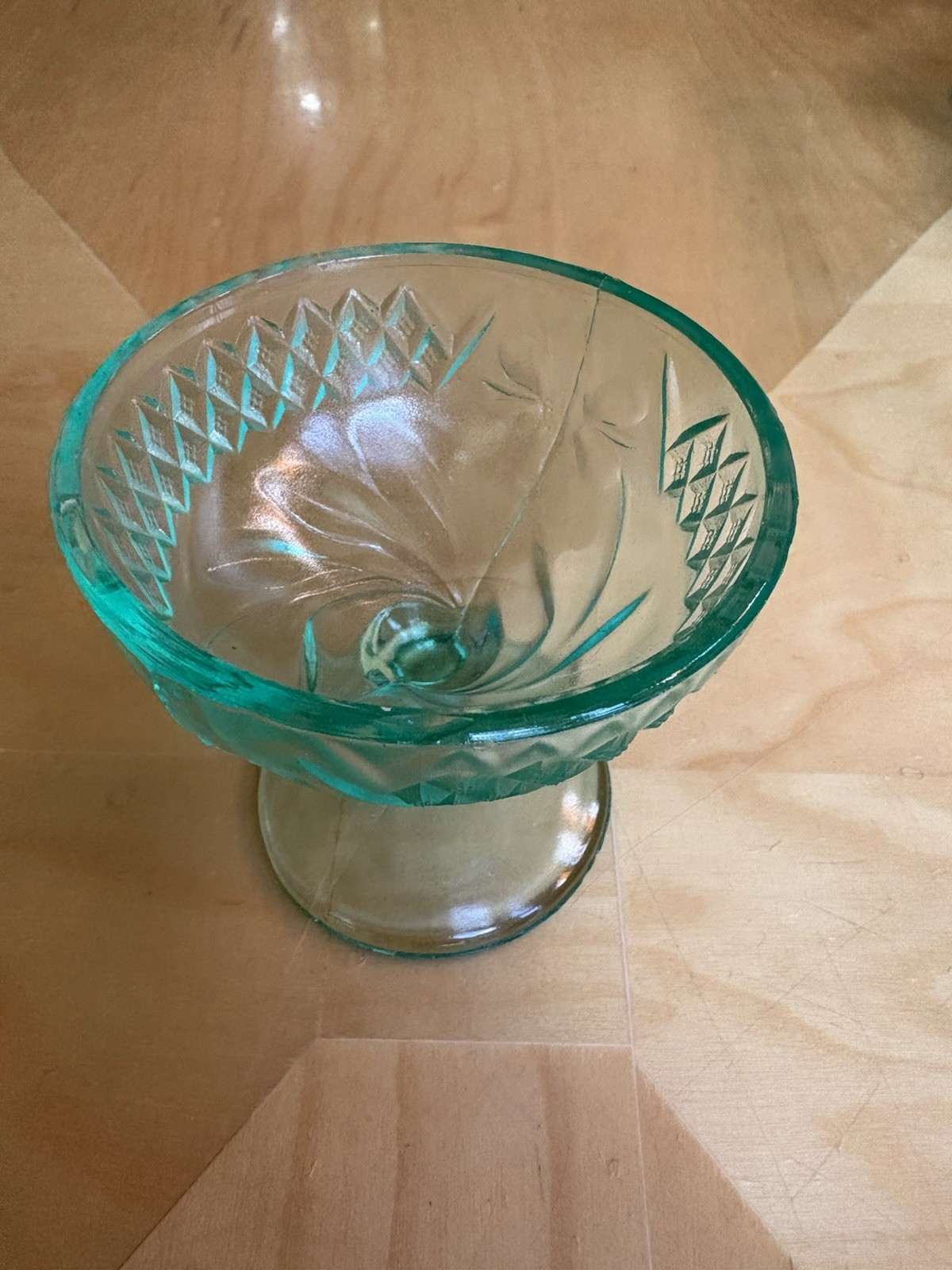 U.S. Glass Co Floral & Diamond Vaseline Green Sherbet Dessert Cups Set 10