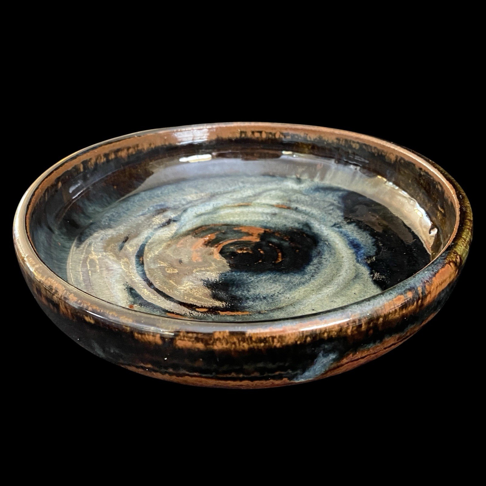 VTG Blue Brown Drip Glaze 8” Shallow Bowl Studio Art Pottery Stoneware Signed