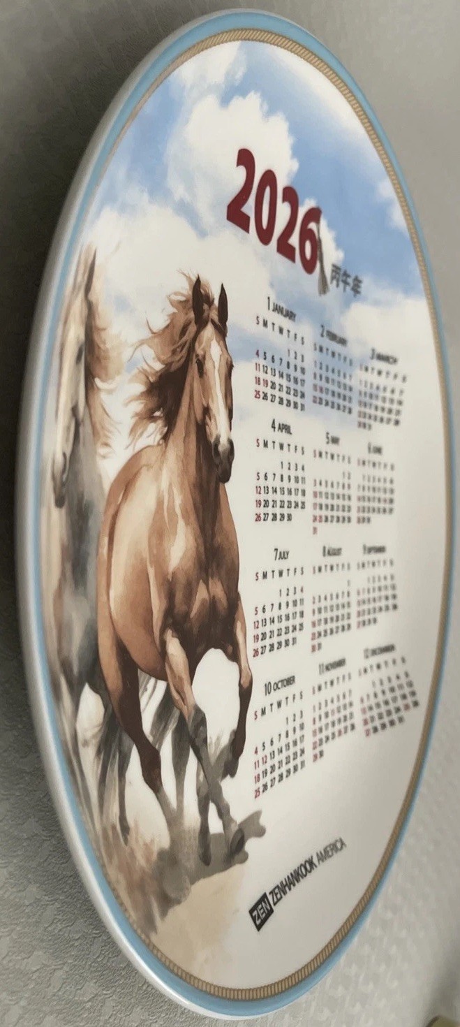 2026 Zodiac Calendar Ceramic Plate with two wild bright horses by Zen Hankook
