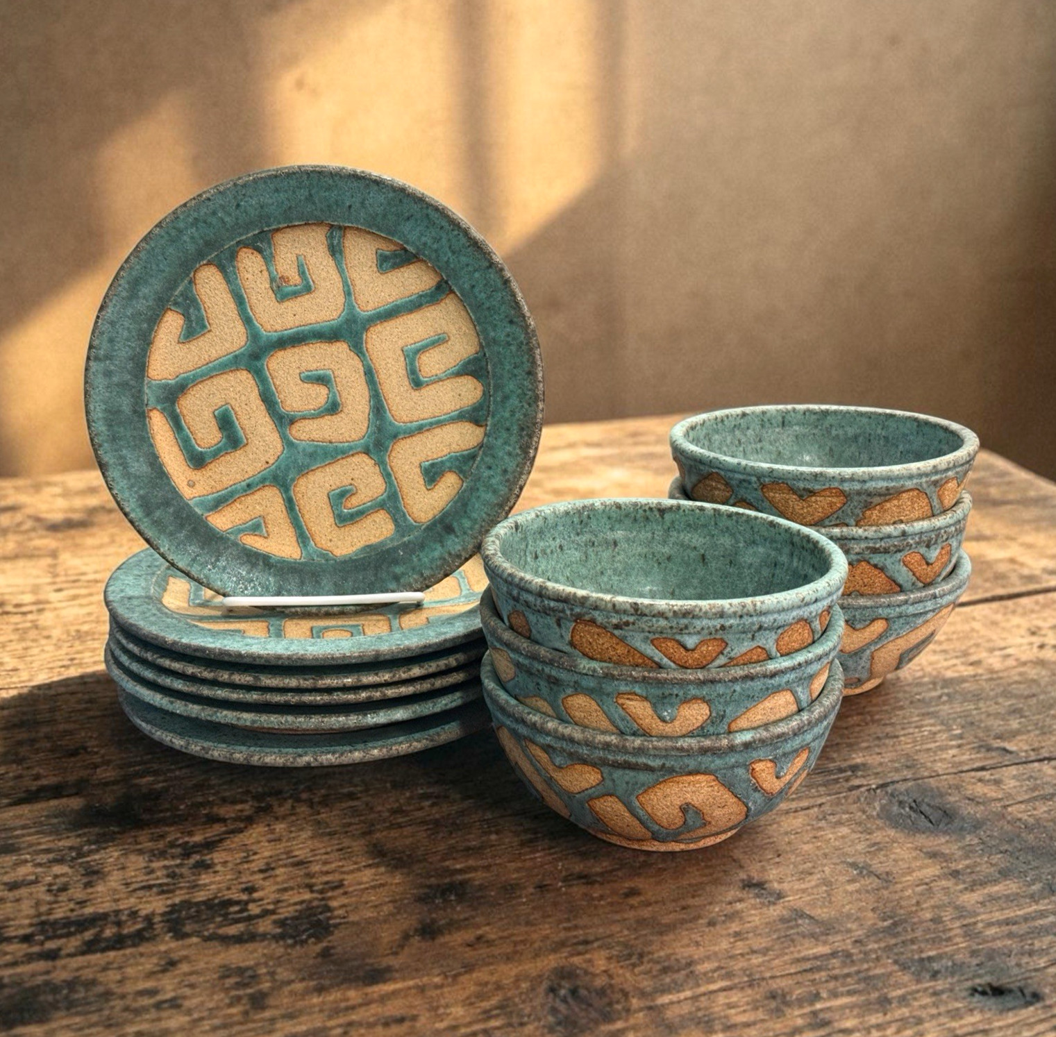 Hand Thrown Studio Pottery Rustic Soup Bowls & Plates Set of 12 Turquoise Sand
