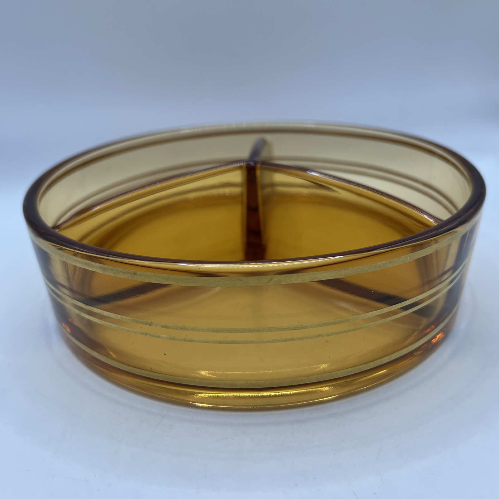FOSTORIA Amber Gold Color Gilted 3 Part Covered Candy Dish Nuts Lid Antique