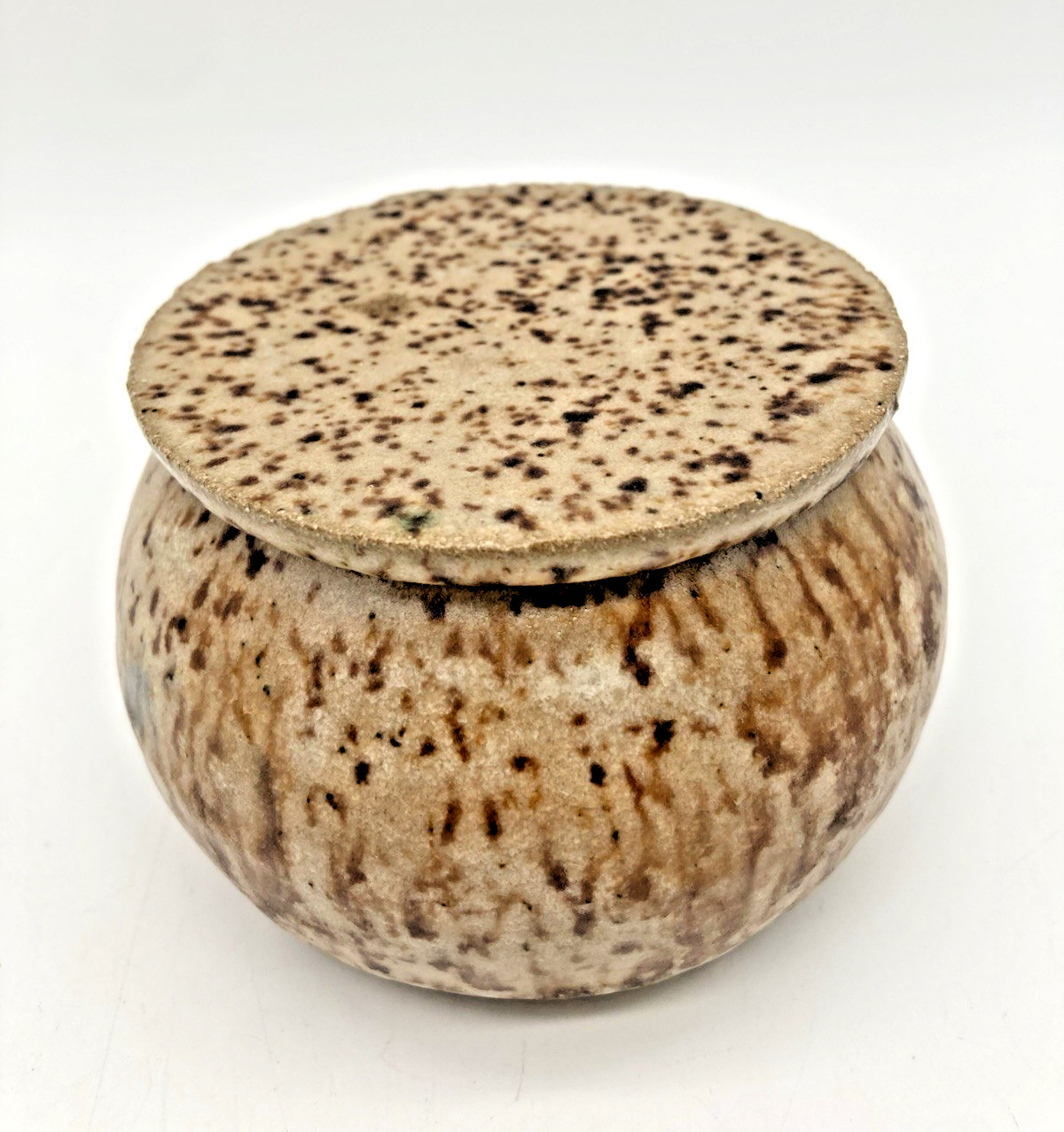 Signed Studio Organic Pottery Lidded Trinket Speckled Brown & Beige Drip Glaze