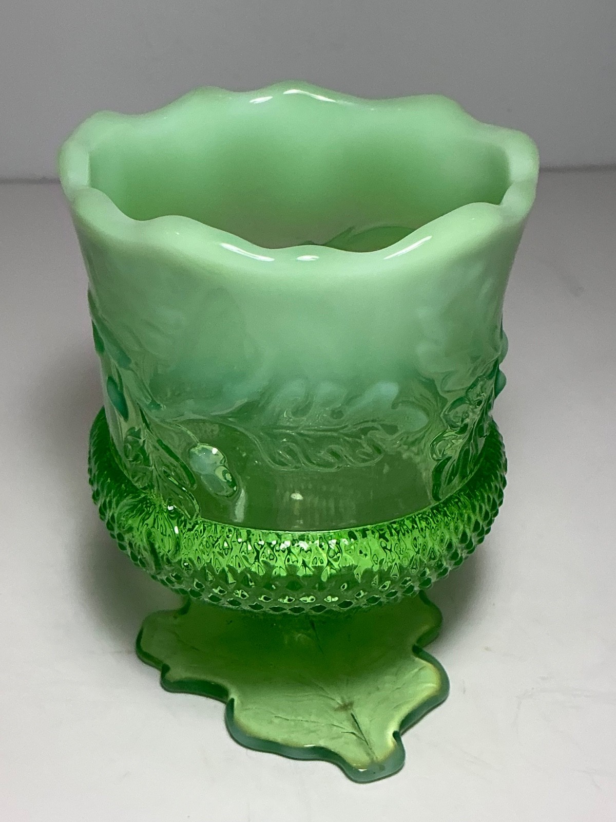 Vintage Mosser Glass Green Glass Acorn & Oak Pattern Spooner 5 in.
