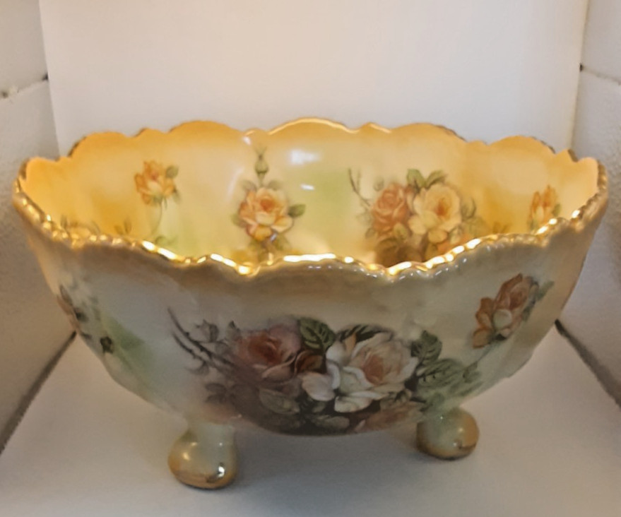 Antique R.S. Prussia Red Mark Hand Painted Floral Scalloped 10″ Bowl Gold Trim