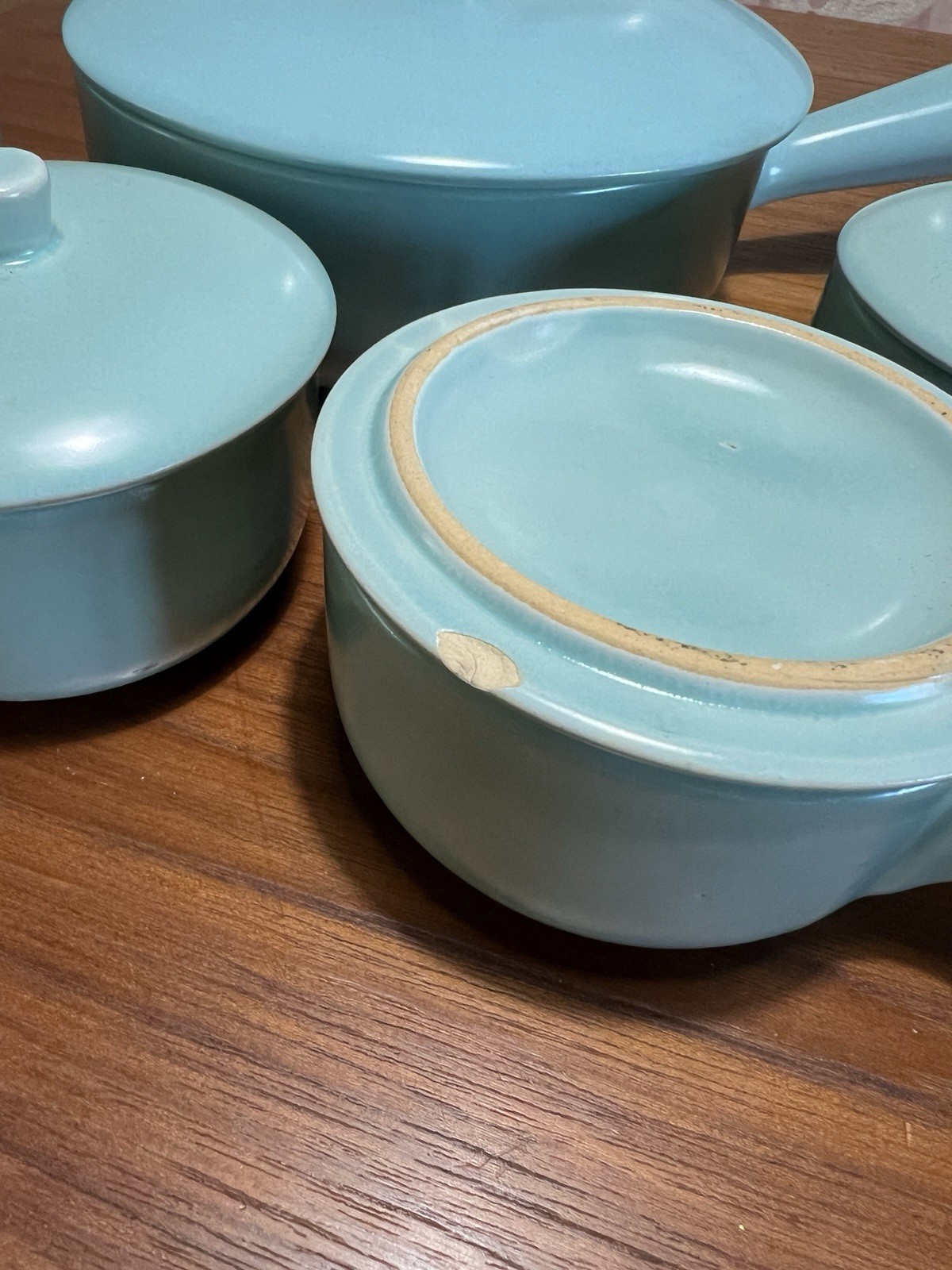 Vintage La Solana Pottery Aqua Blue 10 Pc Covered Handled Dish Bowl Set