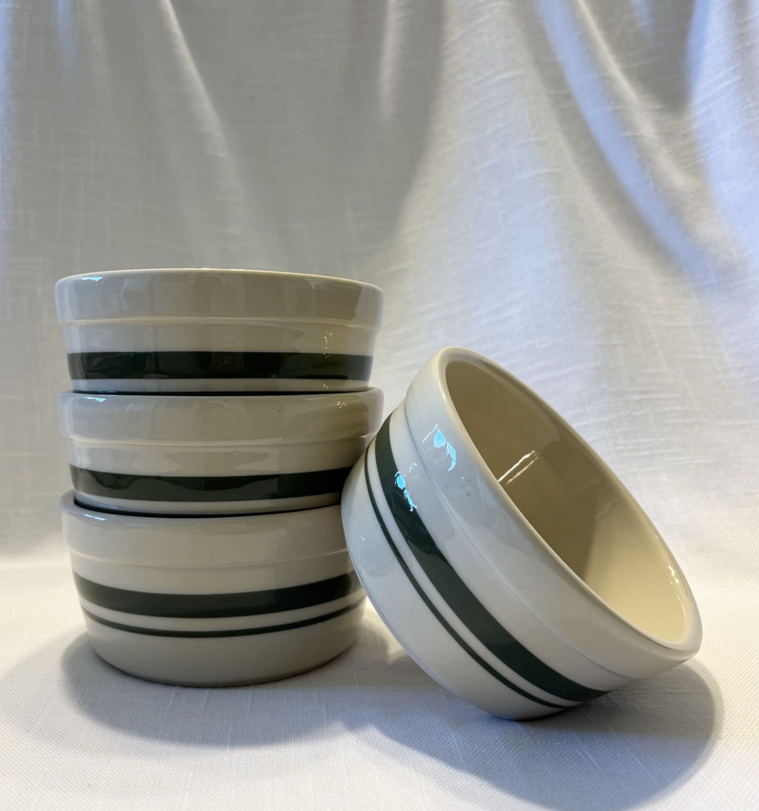 ROSEVILLE Friendship Pottery Green Stripe Flat Bottom 5” Cereal Bowls~ Set of 4!