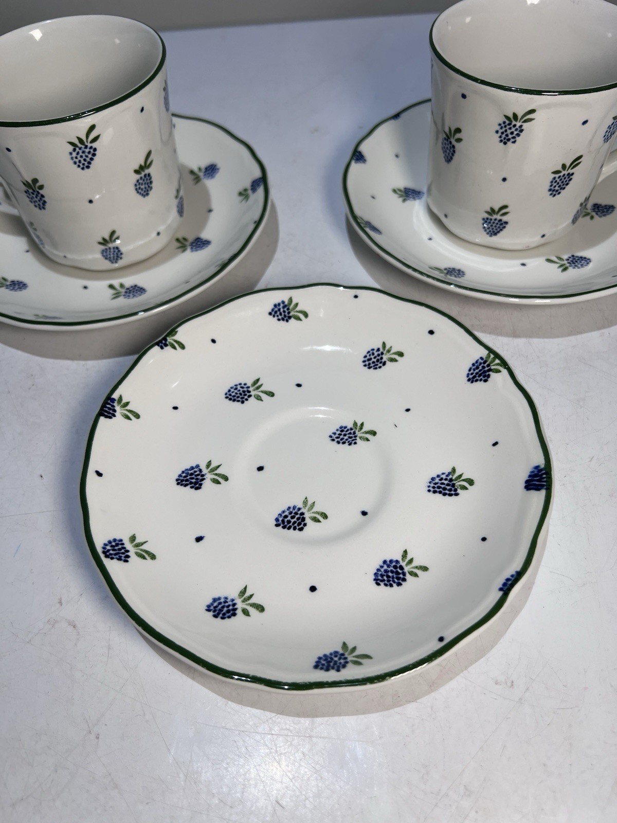 Vintage Johnson Brothers Ironstone Blue Berries 2-Teacup And 3 Saucers