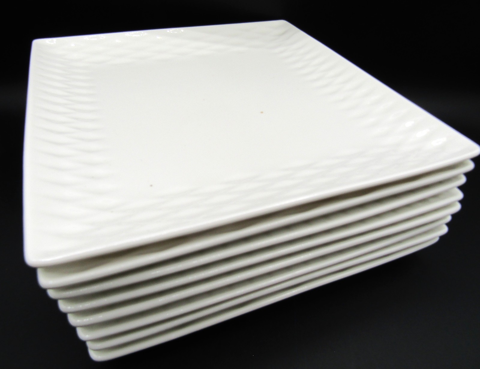 Set of 8 Roscher Basketweave Square Salad Plates 8″ Embossed White Porcelain