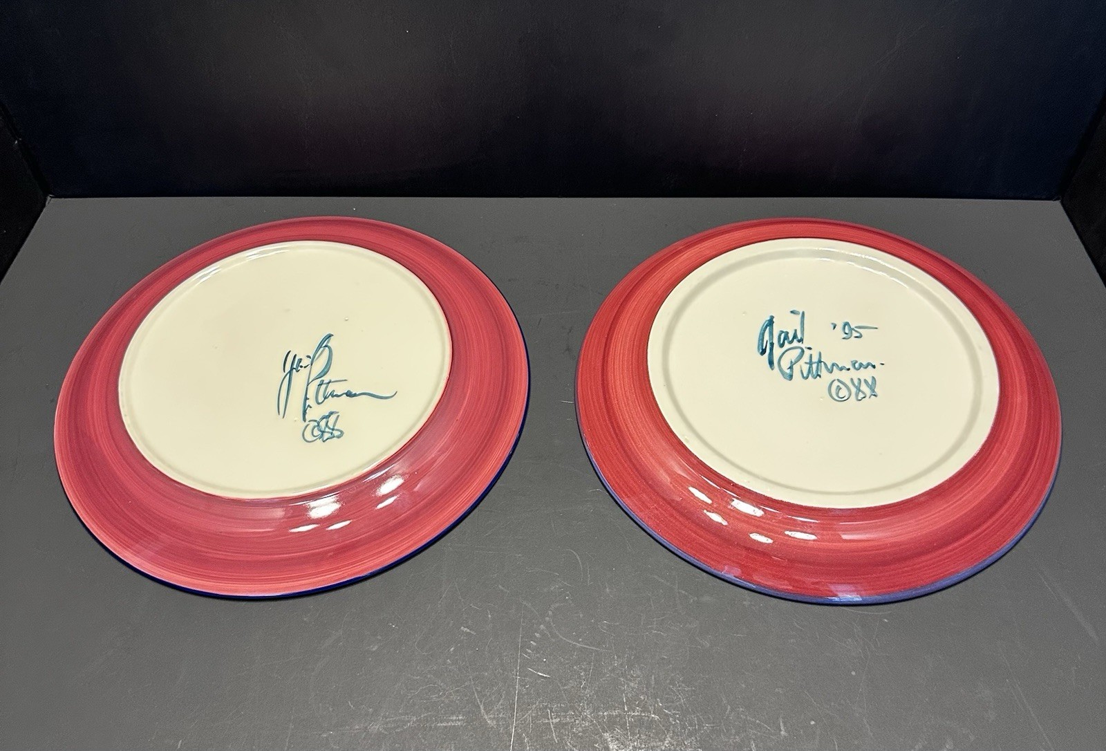 4 Gail Pittman 9 3/4” Dinner Plates Red Azalea Signed Hand Painted 1988 / 1995
