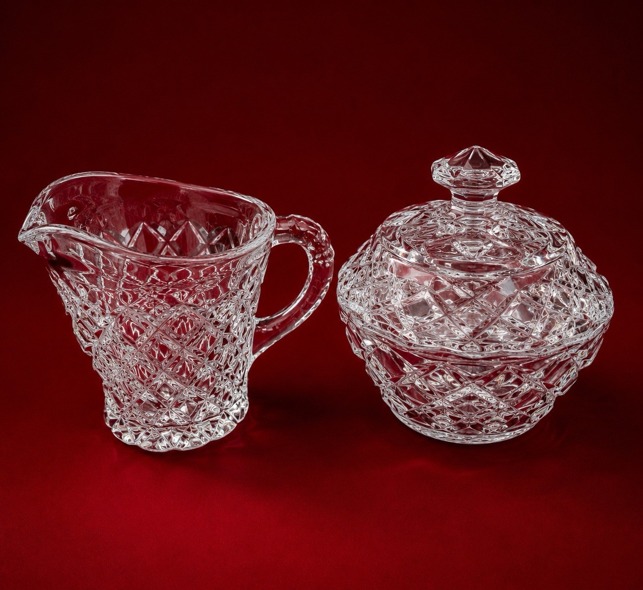 Vintage Pressed Glass Covered Sugar Bowl and Creamer Set