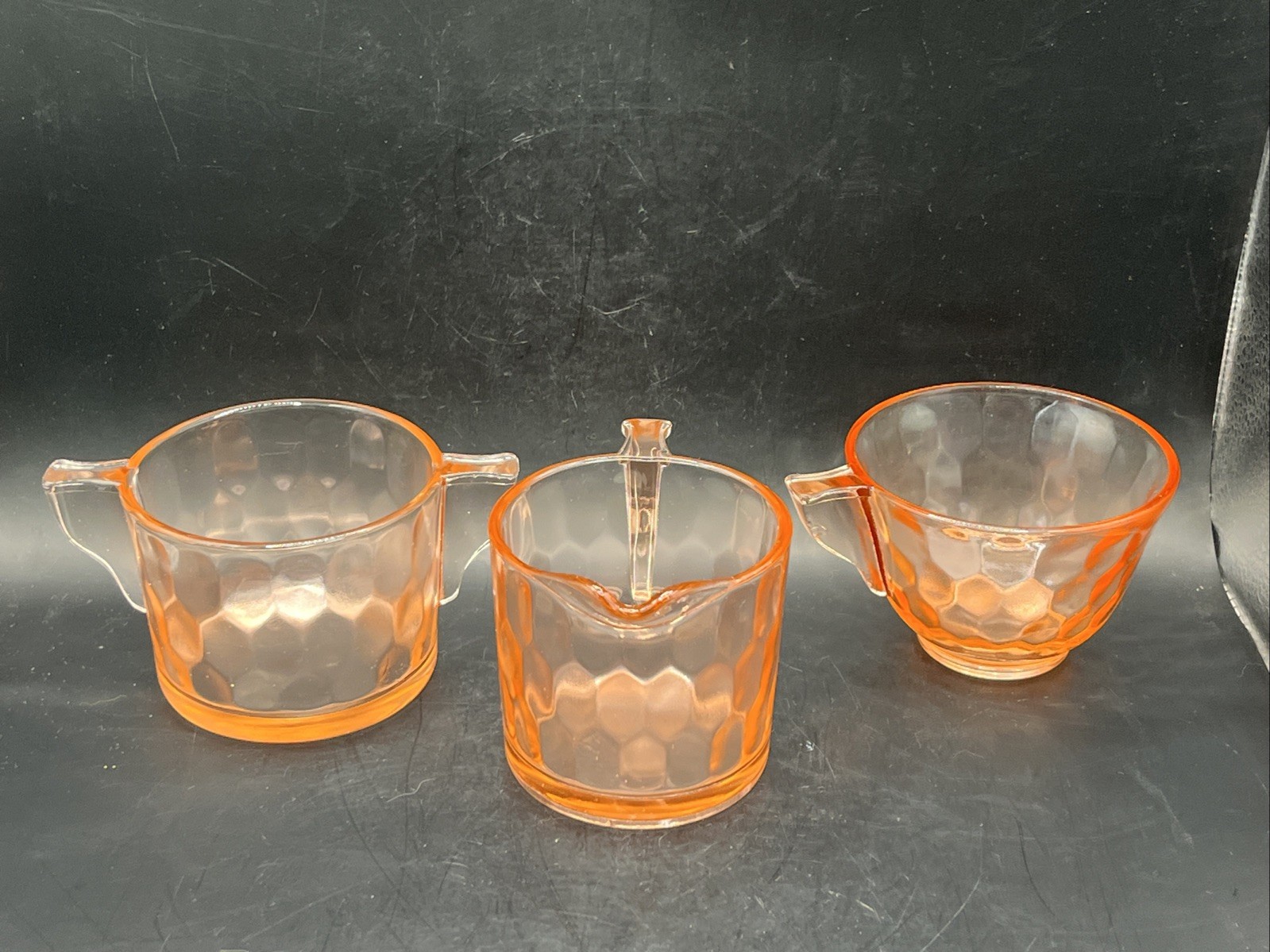 Jeannette Glass Hex Honeycomb Pink Depression Sugar Creamer Tea Grandmillenial