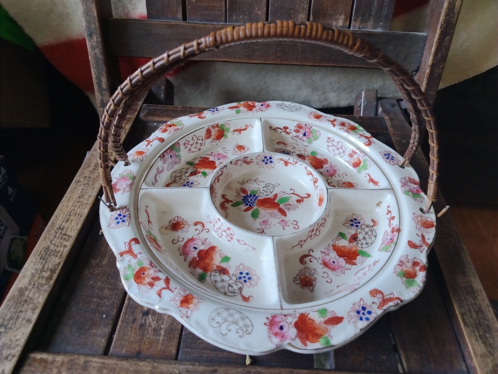 Antique Divided Serving Dish Floral Round Tray Wicker Handle Imari Japan 1940’s