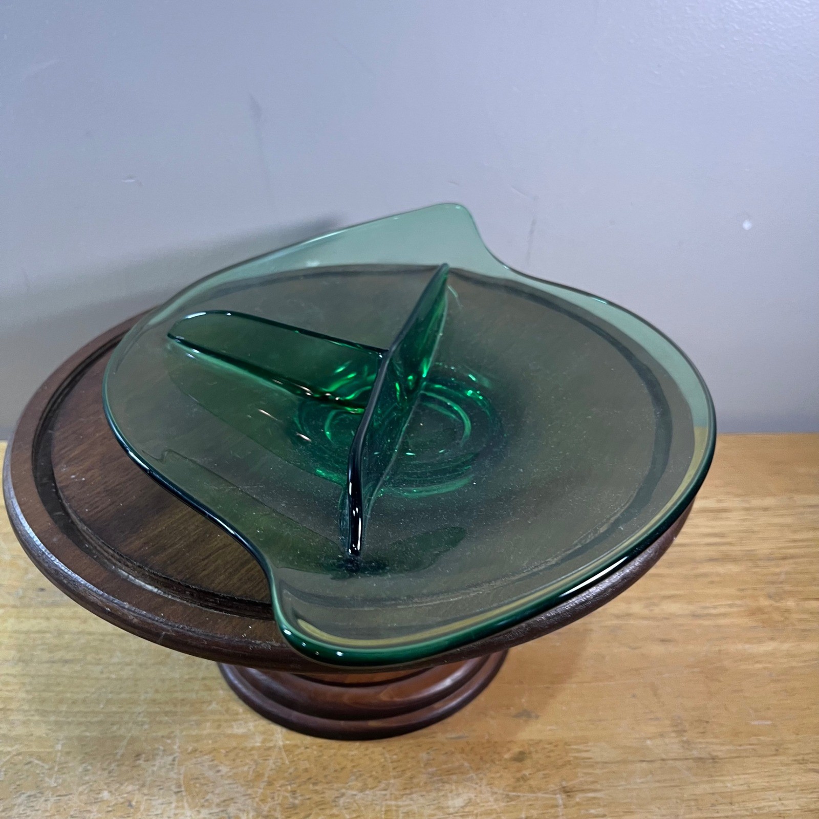 Vtg Viking Glass Epic Leaf Emerald Green Divided Relish Dish Mid Century Modern