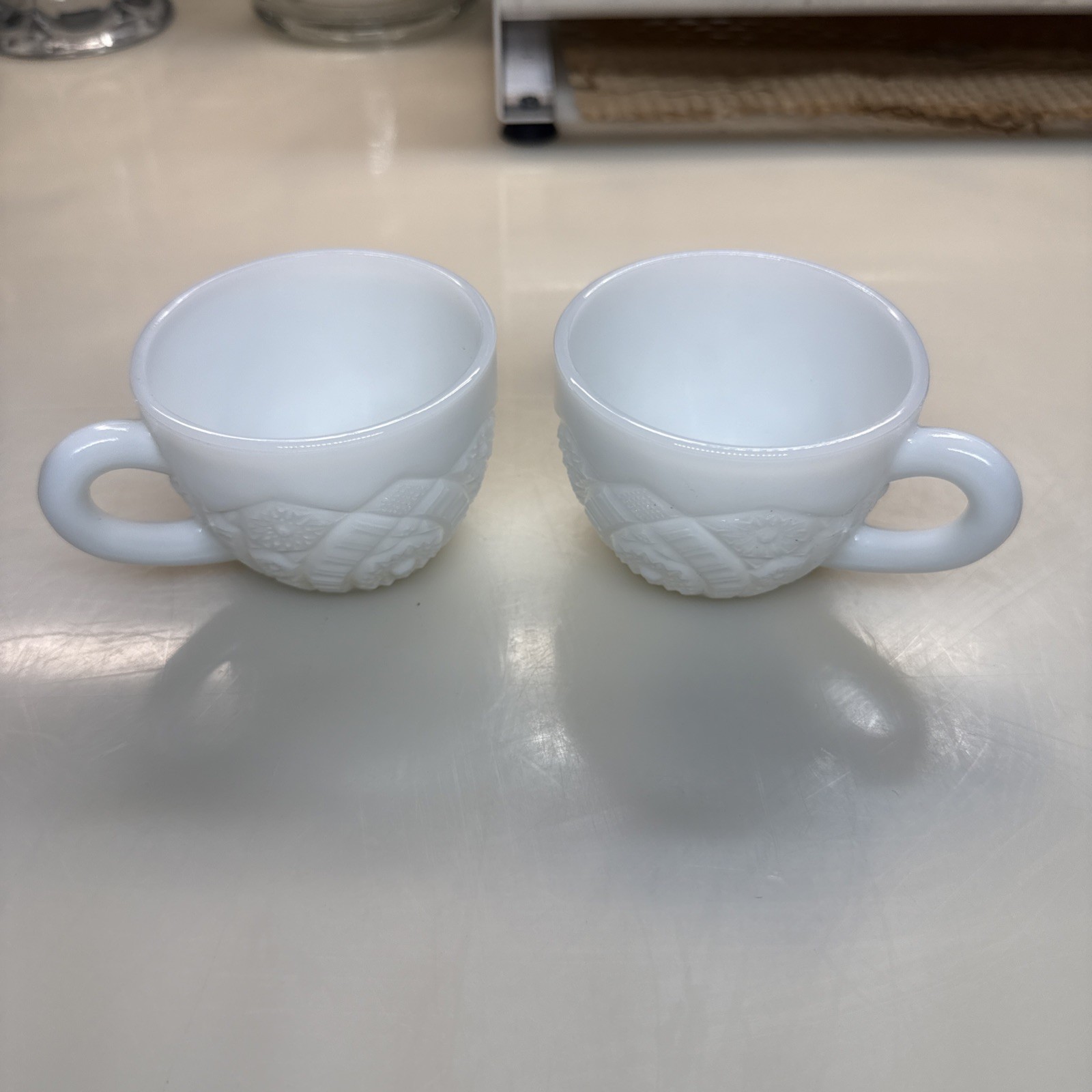 2 Vintage McKee Concord Starburst White Milk Glass Punch Cups 2.5 x 3.25 Inches