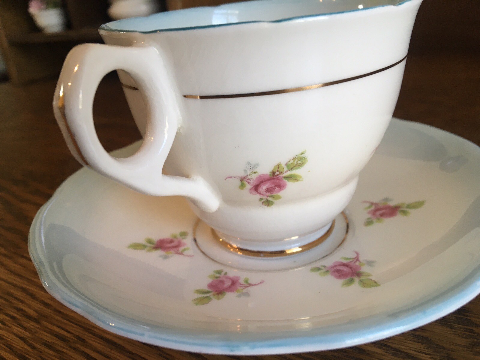 Royal Stafford Roses Pale Blue Teacup Saucer Bone China Gold Trim England 1940s