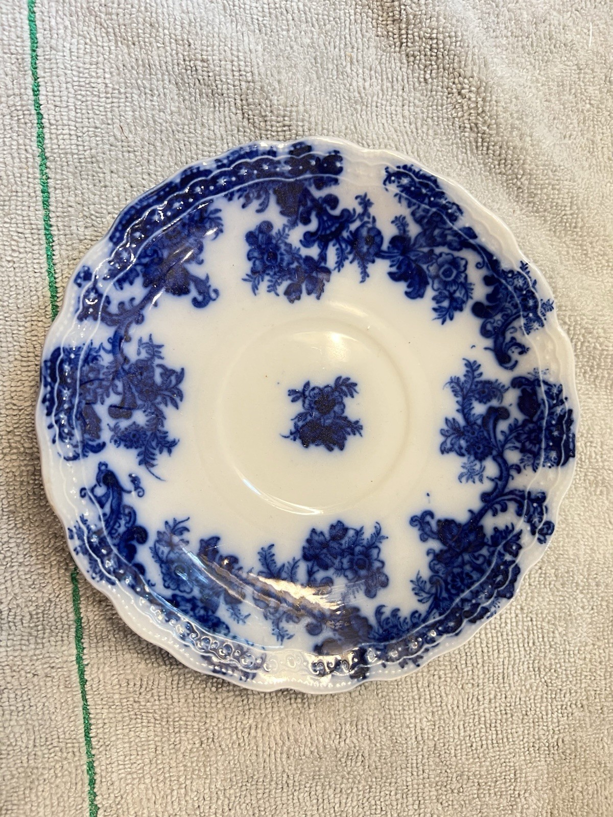 Antique New Wharf Lancaster Flow Blue Ceramic Floral Saucer Victorian c. 1891
