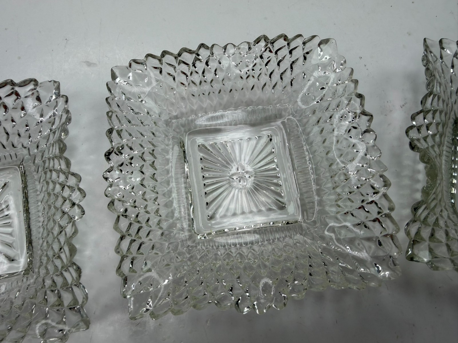 Set of 3, Vtg Indiana Glass 4″ Square Candy Dish Bowls Diamond Cut Ruffled Edge