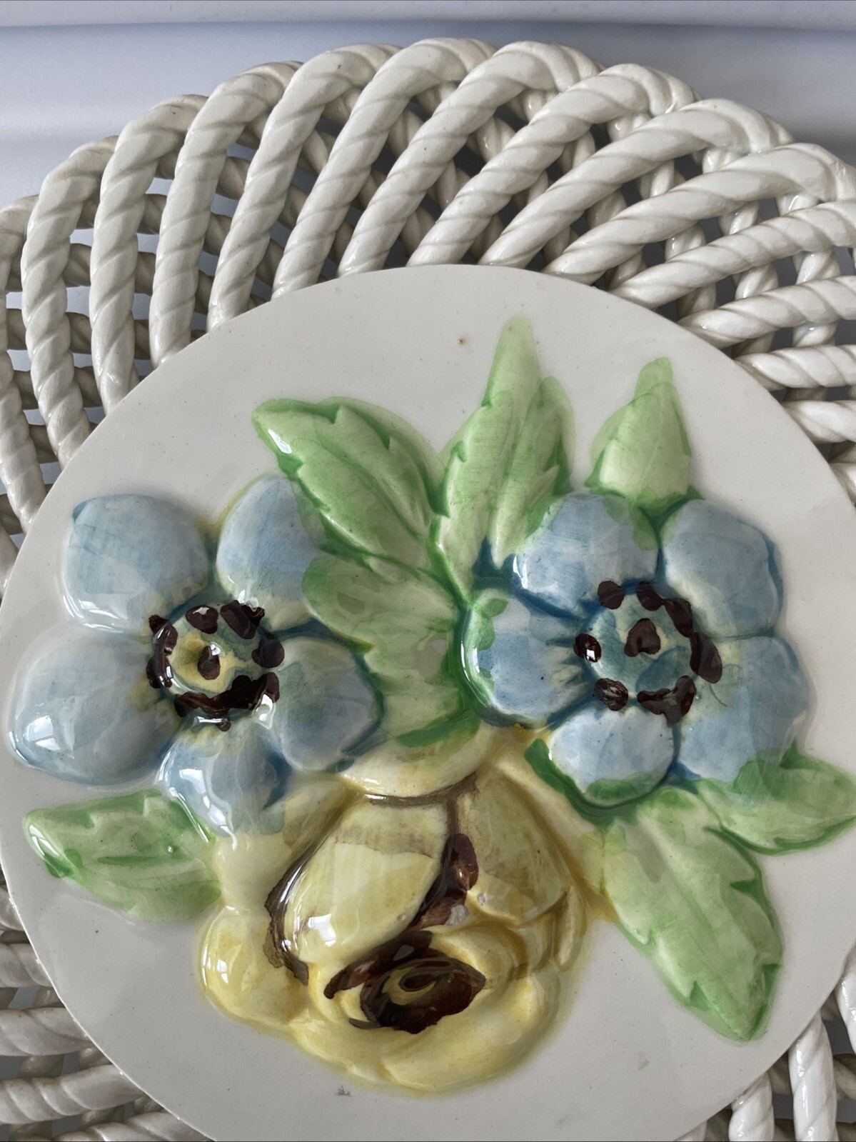 Ceramic Spain Wall Plates Spanish Art 3D Fruit Flowers Lattice Painted Set of 3