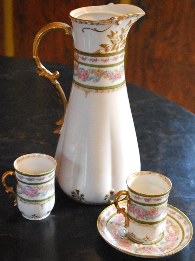 HAVILAND LIMOGES Antique Set CHARLES FIELD Chocolate Pot/ 2 Cups 1 Saucer FRANCE