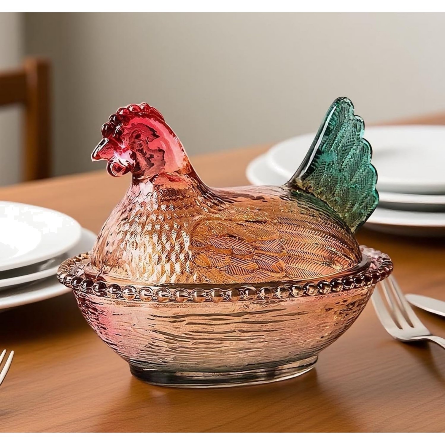 Vintage-Style Glass Hen on Nest Dish with Lid, Colorful Pedestal Candy Bowl
