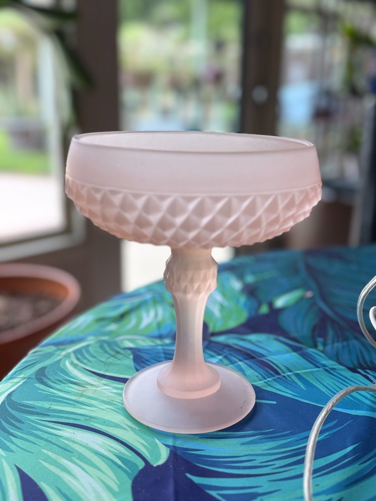 One 1970s Indiana Glass Pink Satin Diamond Point Pedestal Compote 7.75in