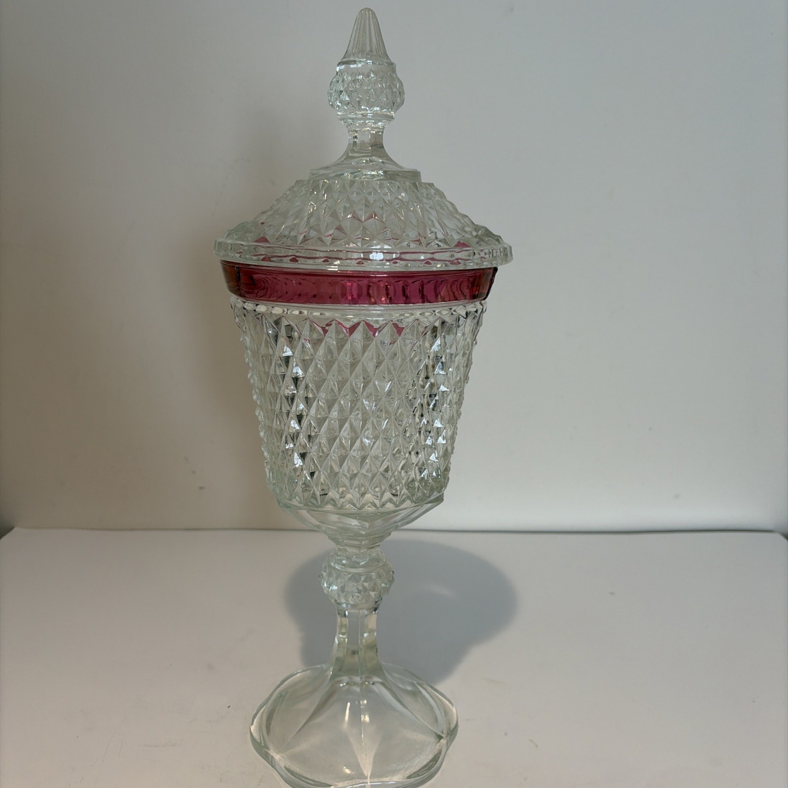 VTG Indiana Glass Diamond Point Ruby Band Covered Candy Dish Chalice 15.5″ Tall