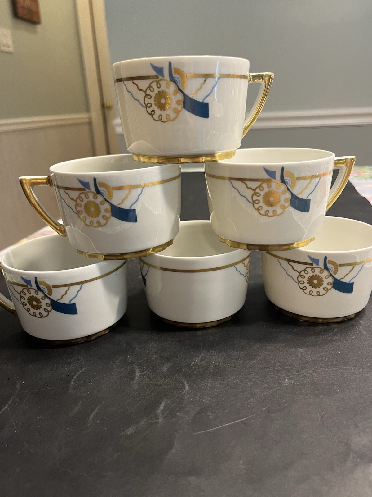 Haviland Limoges France Gold Teal Blue Coffee Tea Cups Mugs 6pc