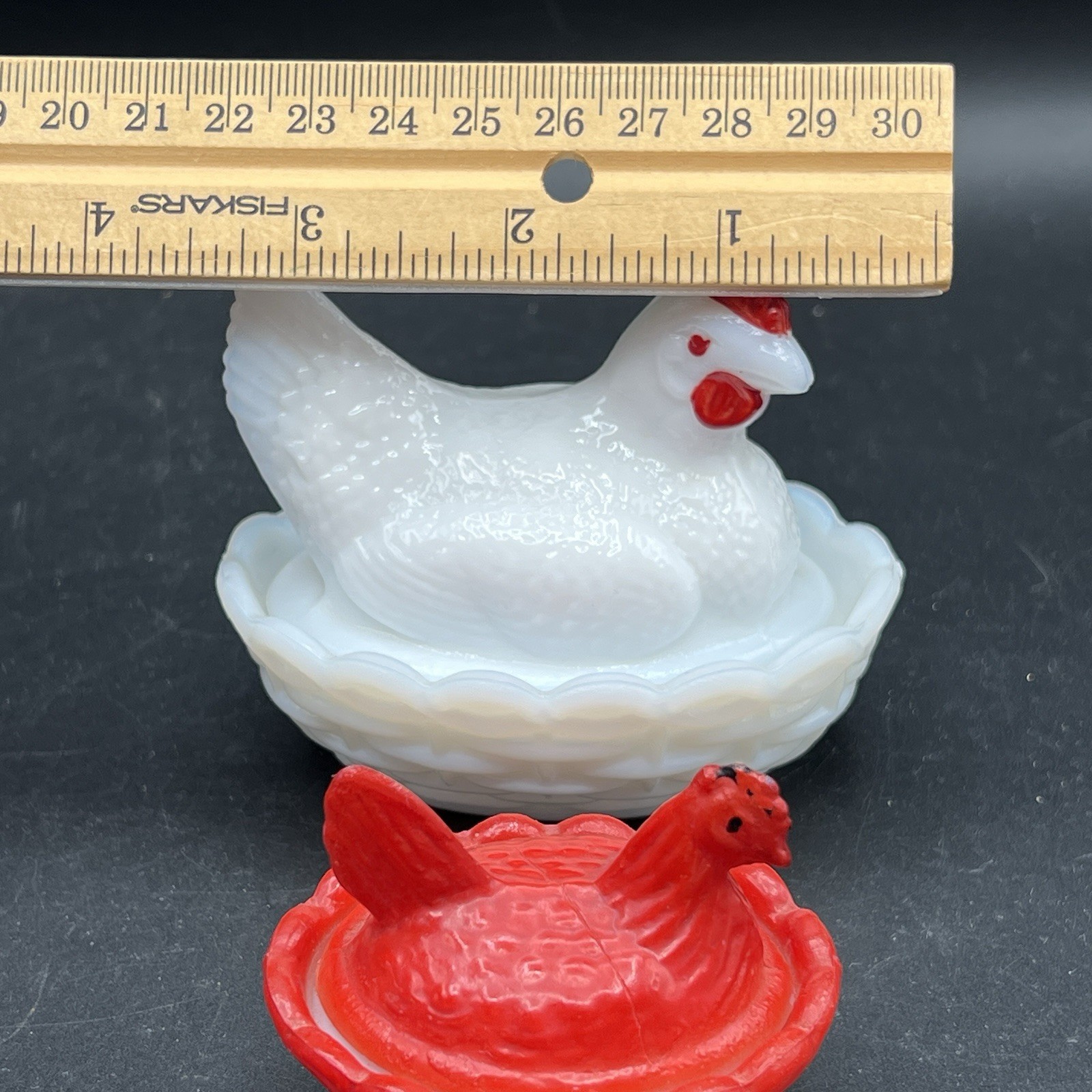 VTG Westmoreland Hen on Nest Covered Dish White Red Milk Glass Set Of 2