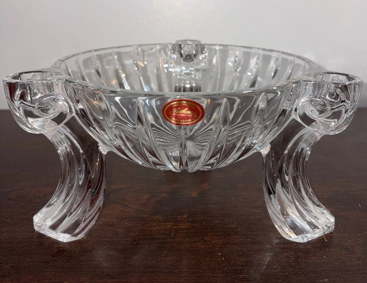 Bohemia Crystal Czech Republic Footed Centerpiece Bowl 3-Handle Lead Crystal- 8”
