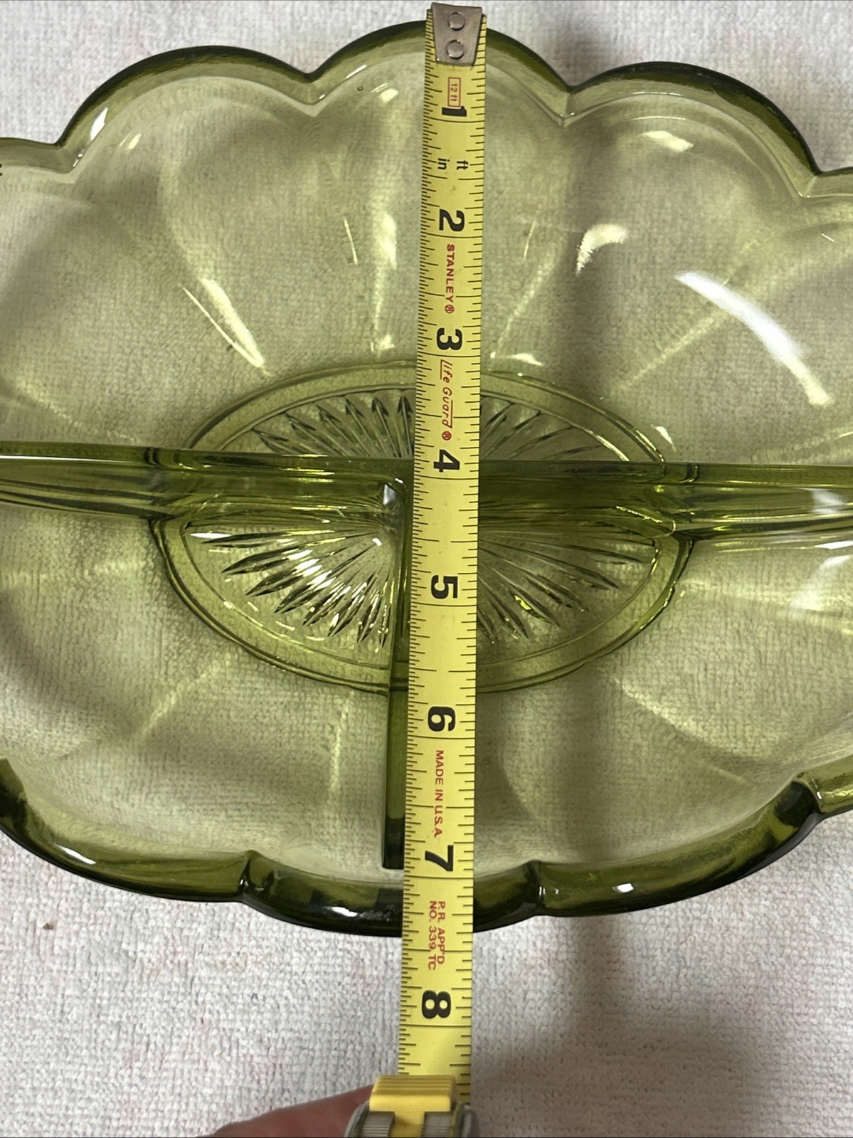 Anchor Hocking Fairfield Avocado Green 3 Part Divided Relish Dish Scalloped Edge