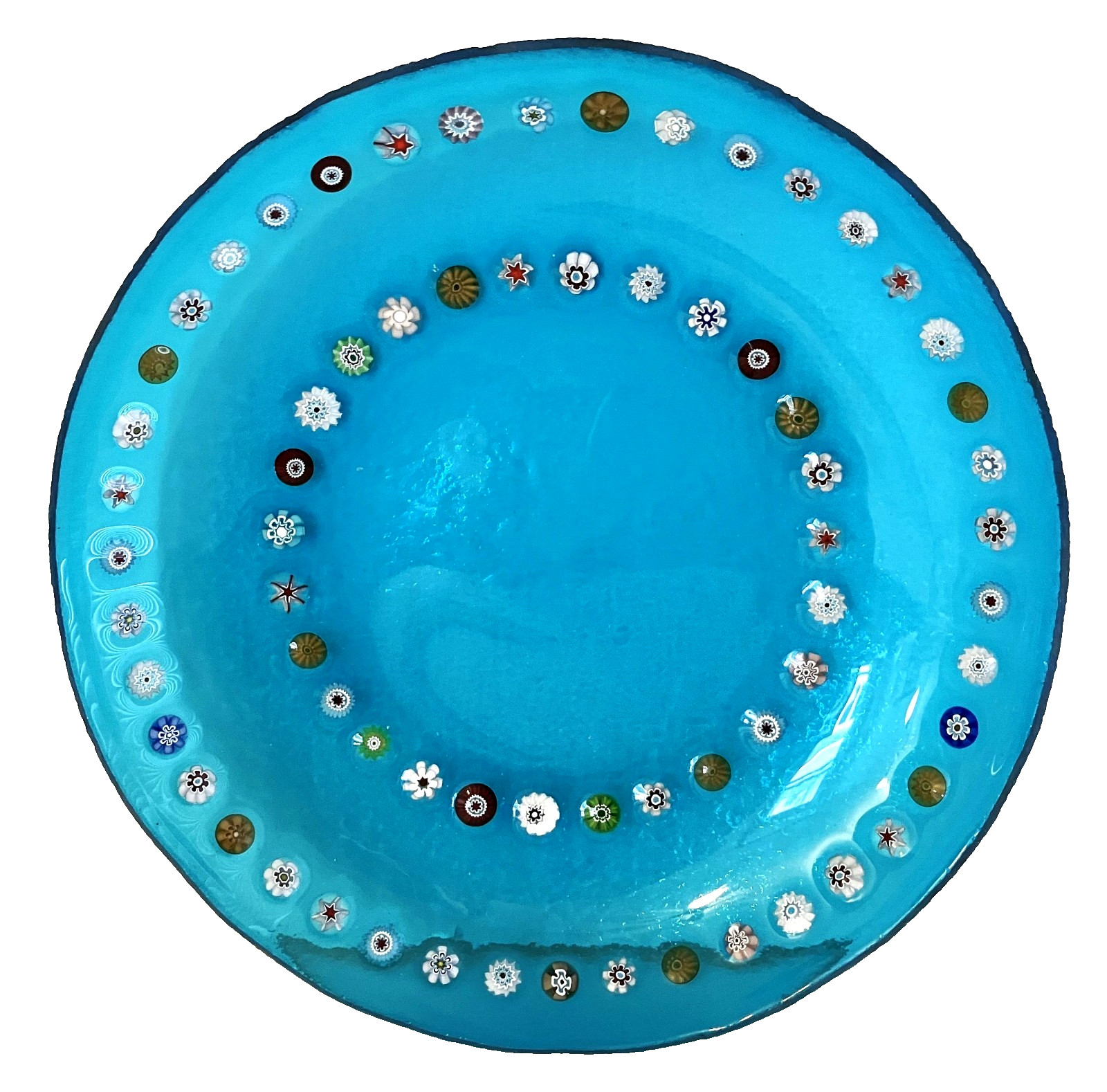 Murano Art Glass Millefiori Serving Plate Blue w/Multi Color Flowers 7.25″ diam