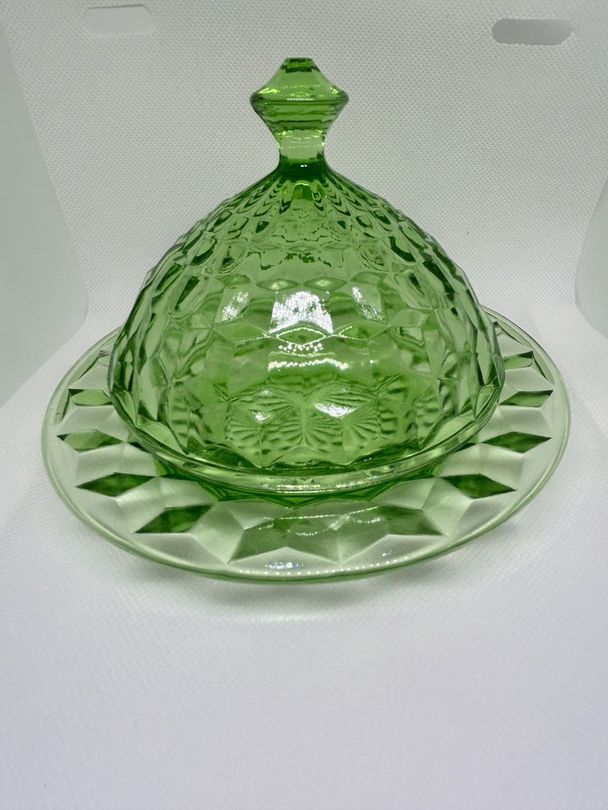 Vintage Jeannette Covered Butter Dish Depression Cubist Green Uranium Glows